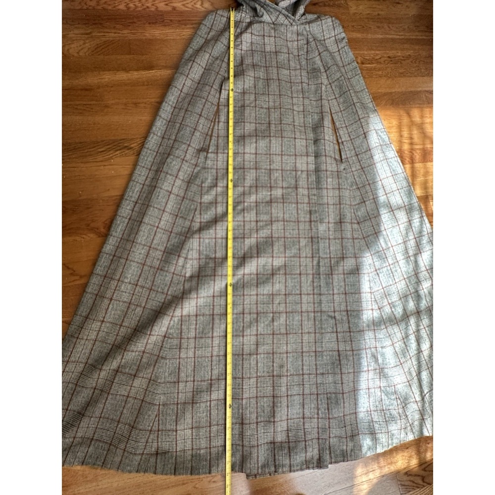 Vintage Hooded Maxi Cape Cloak Glen Plaid Wool Feel Full Length Lined Arm Slits - Picture 7 of 9